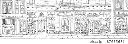 いろいろな店が並ぶ街並みの風景【手描き線描き】 いろいろな店が並ぶ街並みの風景【手描き線描き】 87635681