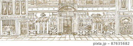 セピアトーンのいろいろな店が並ぶ街並みの風景【手描き水彩画】 87635682