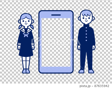 中高生　制服姿の男女　全身で立つ　日本人　スマホ 87635942