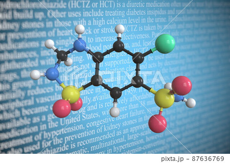 Molecular model of hydrochlorothiazide, 3D rendering 87636769
