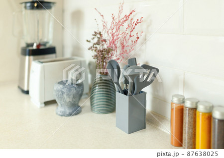 Home kitchen worktop with spices, toaster, ornamental plant vase, mortar, blender and cooking utensils Home kitchen worktop with spices, toaster, ornamental plant vase, mortar, blender and cooking utensils 87638025