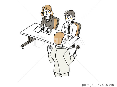 セミナー参加している男女　コミカルな手書きの人物　ベクター、線画にシンプルな色つけ　 87638346