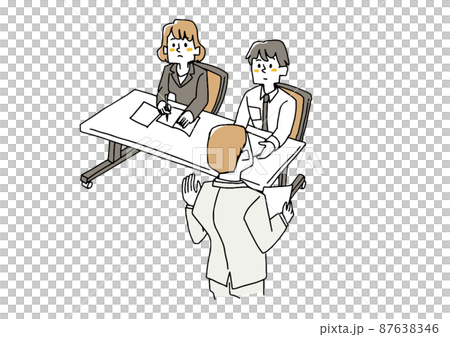 セミナー参加している男女　コミカルな手書きの人物　ベクター、線画にシンプルな色つけ　 87638346