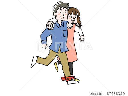 二人三脚で走る夫婦　コミカルな手書きの人物　ベクター、線画にシンプルな色つけ　 87638349