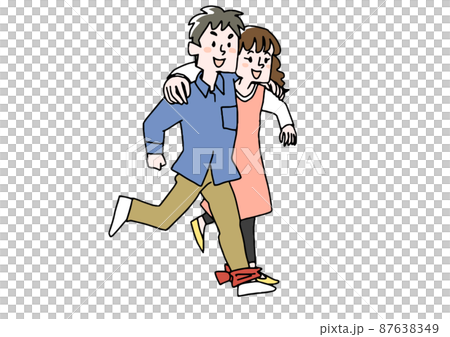 二人三脚で走る夫婦　コミカルな手書きの人物　ベクター、線画にシンプルな色つけ　 87638349