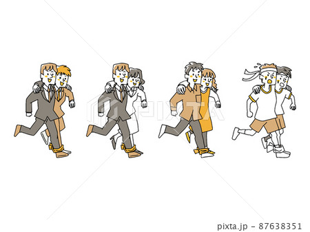 二人三脚で走る人々のセット　コミカルな手書きの人物　ベクター、線画にシンプルな色つけ　 87638351