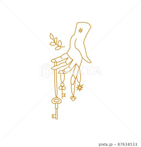 Hand holding magical amulets and key Outline illustration 87638533