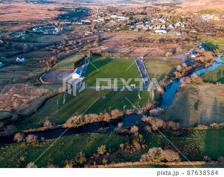 Aerial view of Glenties gaelic football pitch in County Donegal, Ireland 87638584