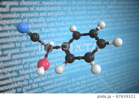 Molecular model of mandelonitrile, 3D rendering Molecular model of mandelonitrile, 3D rendering 87639321