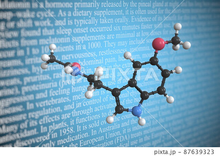 Molecular model of melatonin, 3D rendering 87639323