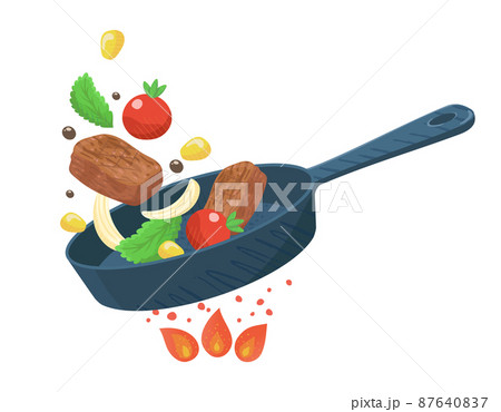 料理をするイラスト　フライパンで野菜や肉を調理　切り抜き素材　レストランやキッチンのイメージ素材 87640837