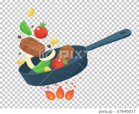 料理をするイラスト　フライパンで野菜や肉を調理　切り抜き素材　レストランやキッチンのイメージ素材 87640837