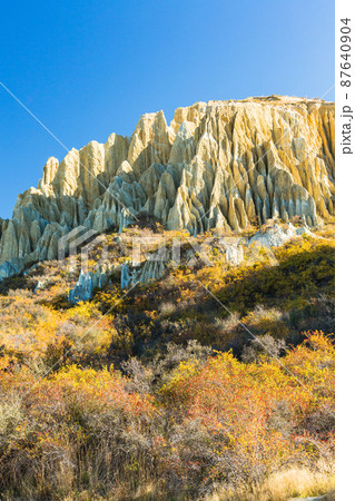 ニュージーランド　ワイタキ地方のオマラマ近郊にある断崖絶壁のクレイ・クリフと紅葉 87640904