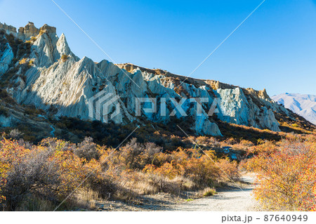 ニュージーランド ワイタキ地方のオマラマ近郊にある断崖絶壁のクレイ・クリフと紅葉 ニュージーランド ワイタキ地方のオマラマ近郊にある断崖絶壁のクレイ・クリフと紅葉 87640949