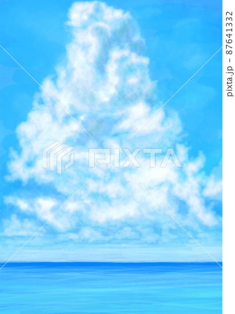 青空の中に大きな入道雲と綺麗な海のイラスト素材