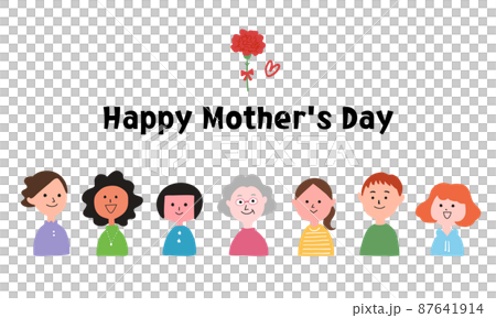 母の日のロゴと様々な世代のお母さん達のイラスト 87641914