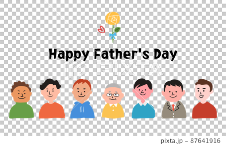 父の日のロゴと様々な世代のお父さんたちのイラストのイラスト素材