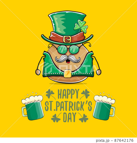 Happy saint patricks day greeting card with funky leprechaun rock star potato character with green particks hat and beer isolated on orange background. Rock n roll hipster vegetable funky character 87642176
