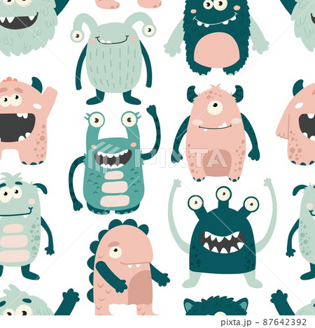 Monsters seamless baby pattern. Hand drawn cute repeat print for nursery fabric 87642392