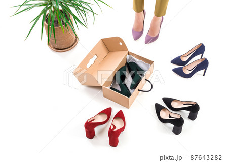 Female legs in elegant heels and new stylish womens heel shoes on white Female legs in elegant heels and new stylish womens heel shoes on white 87643282