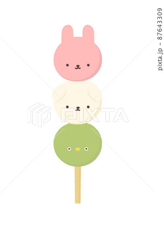 動物のかたちをした春色のかわいい三色団子 手描きタッチの春 和菓子 スイーツのイメージ素材のイラスト素材