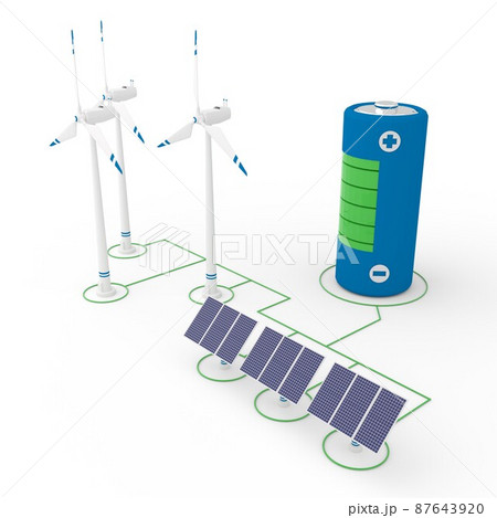 Isometric 3d render of network made of wind turbines, solar panels and battery Isometric 3d render of network made of wind turbines, solar panels and battery 87643920