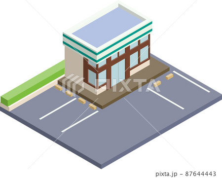 駐車場のあるコンビニエンスストアのアイソメトリックの3D立体イラスト. 87644443