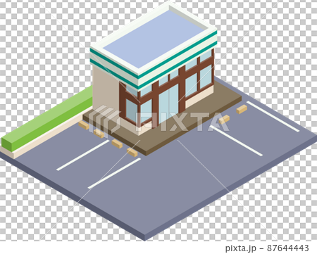 駐車場のあるコンビニエンスストアのアイソメトリックの3D立体イラスト. 87644443