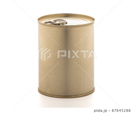 Closed tin can on a white background with a key-ring to open from above. Closed tin can on a white background with a key-ring to open from above. 87645288