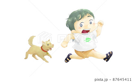 追いかけっこをしている男の子と子犬 夏 のイラスト素材