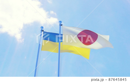 Japan and Ukraine, two flags waving against blue sky. 3d image 87645845