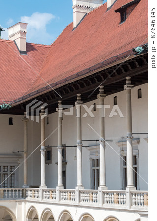 Arcades of Sigismund I Stary's Renaissance courtyard within Wawel Castle in Krakow, Poland. 87646345