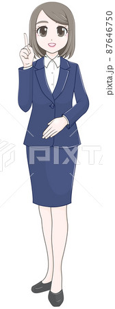 スーツ姿で指差ししながら会話をする笑顔のかわいい女性 正面の立ち姿 のイラスト素材