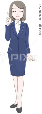 スーツ姿で指差ししながら微笑むかわいい女性 正面の立ち姿 のイラスト素材