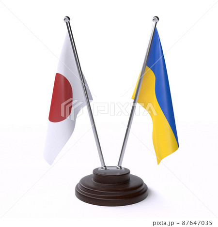 Japan and Ukraine, two table flags isolated on white background. 3d image 87647035