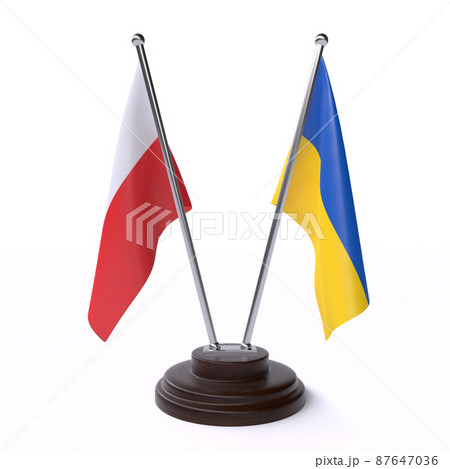 Poland and Ukraine, two table flags isolated on white background. 3d image 87647036