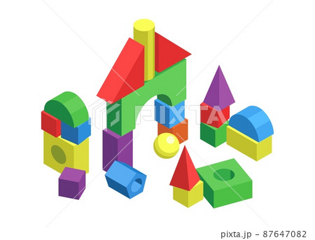 Toy castle. Cartoon colorful geometric shapes constructor for children's play. Kindergarten games. Arch from plastic bricks and blocks. Cubes, cones and spheres. Vector illustration 87647082