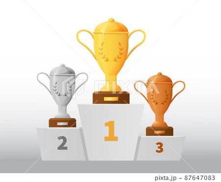 Cartoon winner podium. Game award with 1st 2nd 3rd places. Championship pedestal. Competition or tournament rewards. Gold, silver and bronze goblets. Victory trophies. Vector illustration Cartoon winner podium. Game award with 1st 2nd 3rd places. Championship pedestal. Competition or tournament rewards. Gold, silver and bronze goblets. Victory trophies. Vector illustration 87647083
