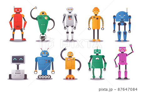 Robot characters. Human chatbot with artificial intelligence with funny faces. Android gestures. Automation toys. Isolated futuristic cyborgs. AI assistants. Vector tech support mascots set 87647084