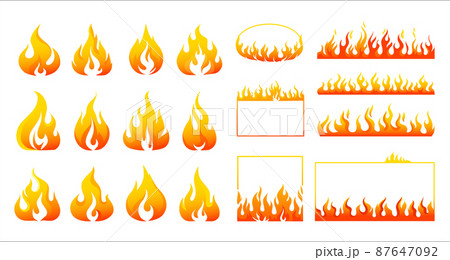 Fire flame. Burning campfire logo. Flaming badge. Igniting border and lines. Fiery round and square frames. Orange bonfire signs. Warning combustion symbols. Vector blaze elements set 87647092