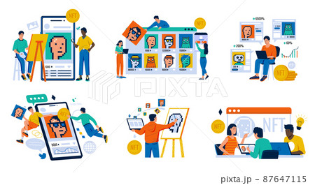 NFT concept. People creating buying and working with cryptoart. Non-fungible token auction. Unique masterpieces markets. Persons paying for artworks with phones. Vector digital art set 87647115
