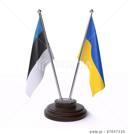 Estonia and Ukraine, two flags waving against blue sky. 3d image 87647330