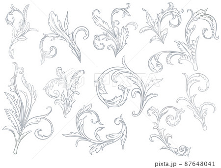 手描きのシルバーのツタ模様セット ベクター素材 手描きのシルバーのツタ模様セット ベクター素材 87648041