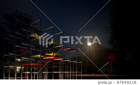 夜の公園ジャングルジムと外灯 夜の公園ジャングルジムと外灯 87649216