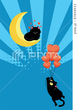 Black cat flying on balloons to cat on moon 87649433