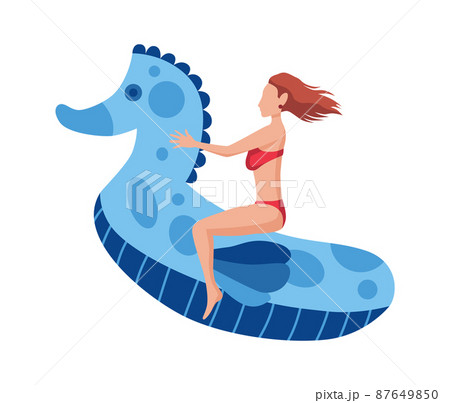 Woman float on air mattress. Fun female character. Young lady swimming on inflatable ring in the shape of a seahorse. Summertime flat cartoon illustration Woman float on air mattress. Fun female character. Young lady swimming on inflatable ring in the shape of a seahorse. Summertime flat cartoon illustration 87649850