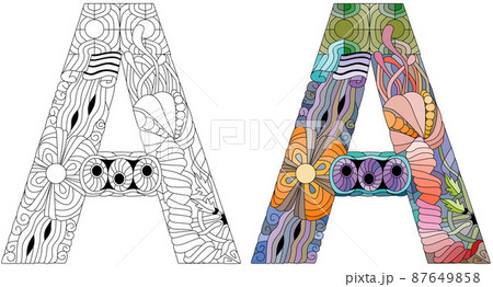 Letter A monogram for coloring, engraving design. Vector illustration. Color and outline set Letter A monogram for coloring, engraving design. Vector illustration. Color and outline set 87649858