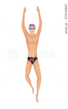 Swimmer character of swimming men in swimsuit, hat and glasses. People in action pose or engaged water sport. Colorful vector illustration in cartoon style isolated on white background Swimmer character of swimming men in swimsuit, hat and glasses. People in action pose or engaged water sport. Colorful vector illustration in cartoon style isolated on white background 87649867