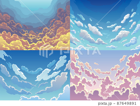 Set svening sky clouds. Realistic backdrops in soft pastel colors. Morning landscapes with clouds and gradient sky, colorful heaven skies backgrounds 87649891