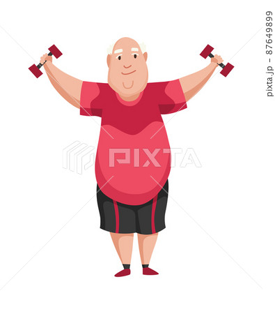 Old people exercises. Healthy active lifestyle of older male. Elderly people doing morning gymnastic. Old man doing exercises with dumbells 87649899